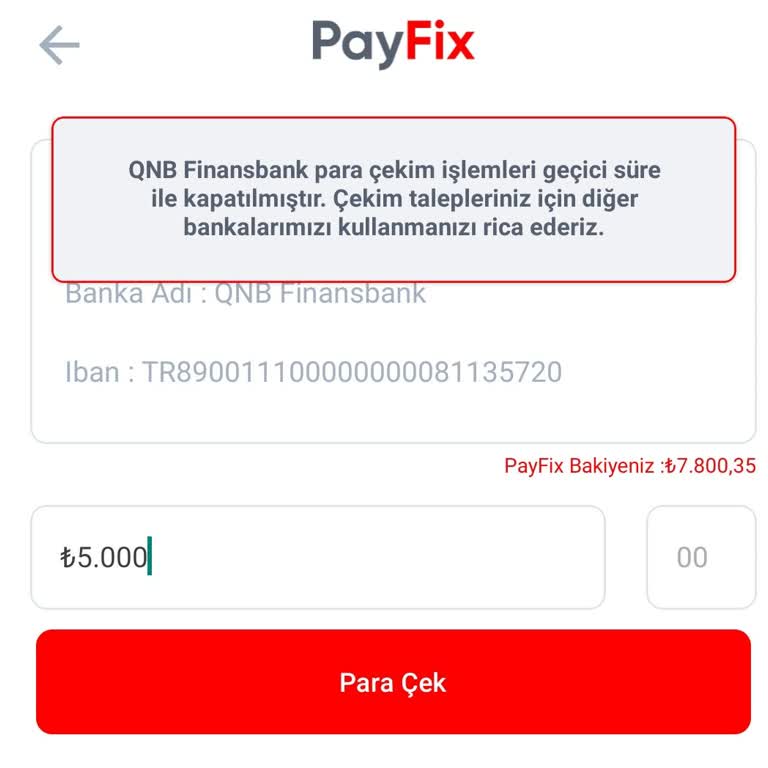Payfix'te Banka Hesabına Çekim Hatası