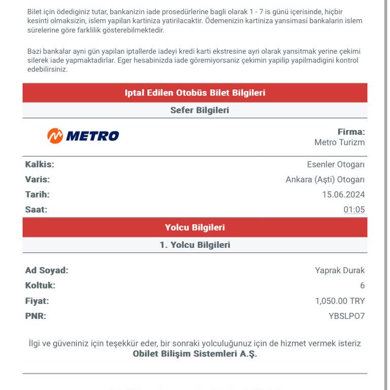 Obilet'ten Alınan Otobüs Bilet Ücreti İadesi