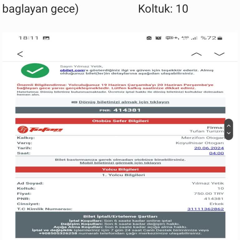 Obilet Tufan Turizm 750 TL'ye Bilet Sattı. Saat 04 Kalkıştı. 05 Oldu Gelmedi