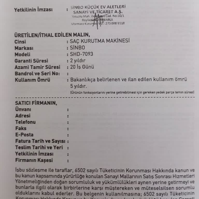 Sinbo Marka Shd-7093 Model Ürünün Seri No Eksik