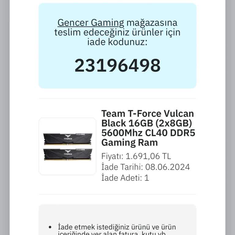 Gençer Gaming Ürün İade Talebine Dönüş Sağlanmadı