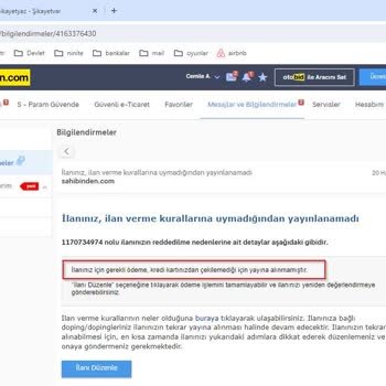 Sahibinden Bankadan Ödemesi Alınan İlanı Ödemesi Alınamadı Diye Yayımlamıyor