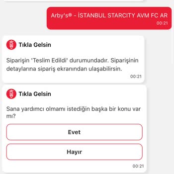 StarCity Arbys's Tıkla Gelsin App Üzerinden Verilen Sipariş Detayı