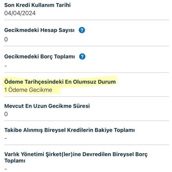 Findeks Ödeme Tarihçesindeki En Olumsuz Durum Kısmı