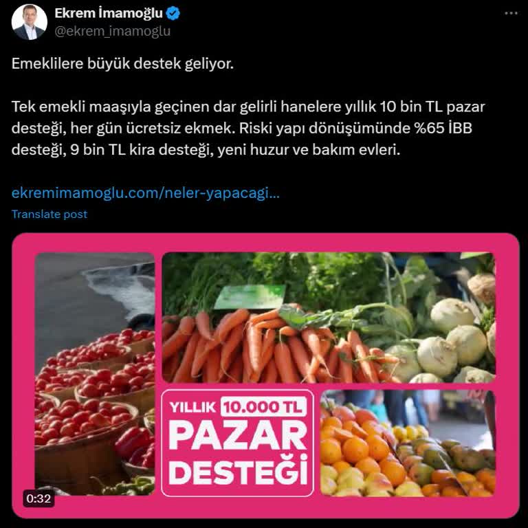 İBB - İstanbul Büyükşehir Belediyesi Tek Emekli Maaşıyla Geçinen Hanelere Pazar Desteği