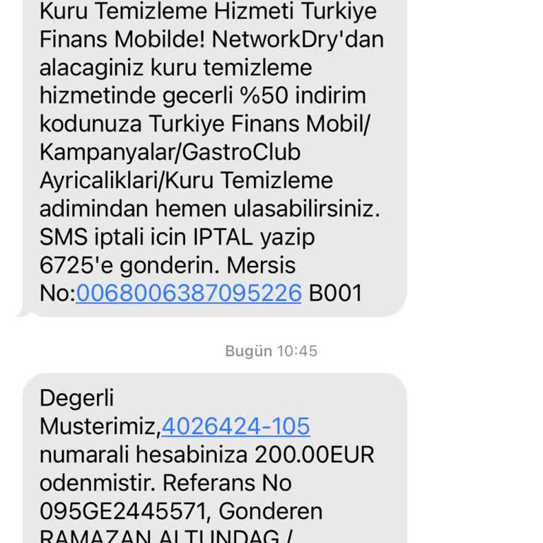 Türkiye Finans Yurt Dışı/swift Masraf Kesinti /20 Euro
