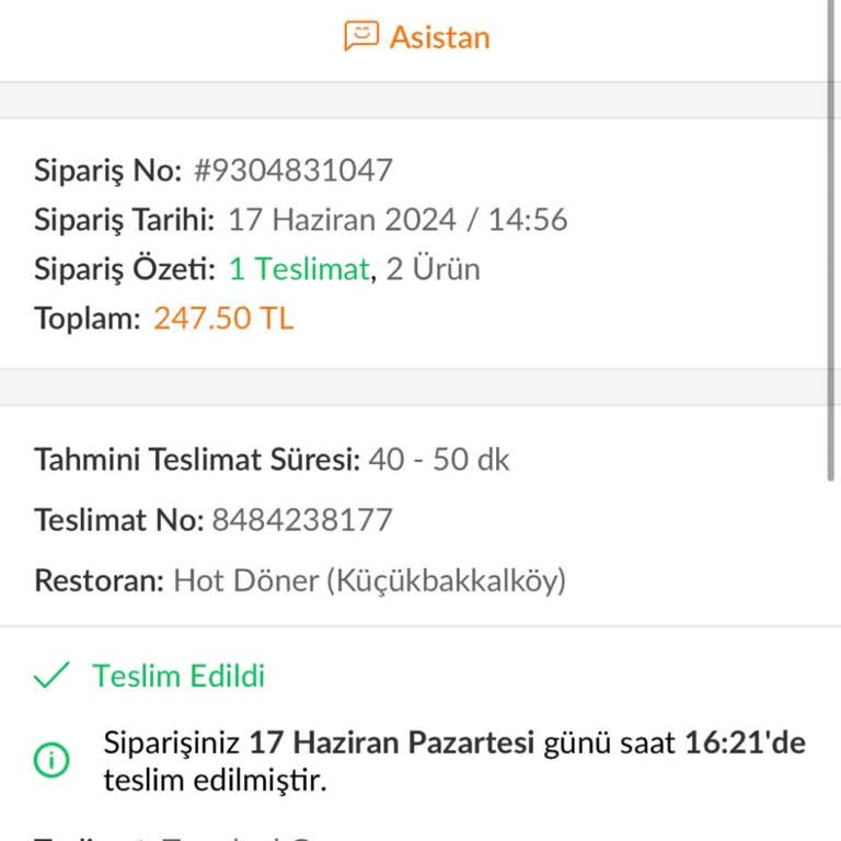 Hot Döner Küçükbakkalköy Zamanında Getirmiyor