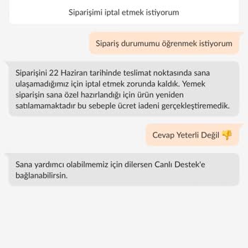 Trendyol Yemek Ürün Yok Para İadesi Yok
