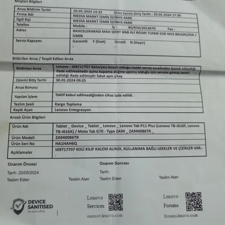 Lenovo Tablet Almıştım Açma Kapama Düğmesi Ve Bataryası Bozuldu