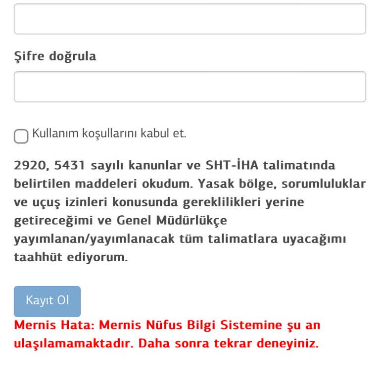 SHGM İHA Kayıt Mernis Hatası