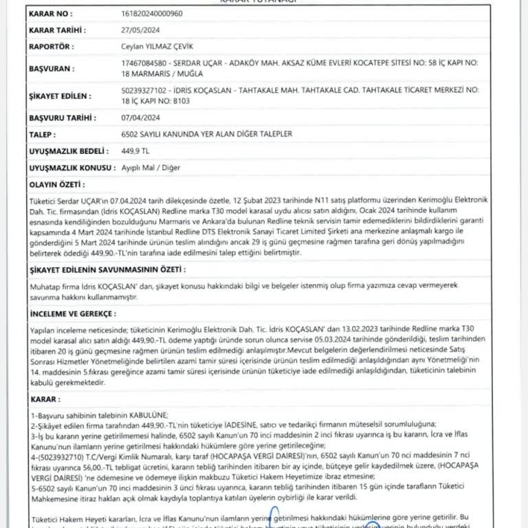 N11'den Aldığım Uydu Alıcısı Sorunu: İade Sürecinde Mağduriyet Yaşıyorum