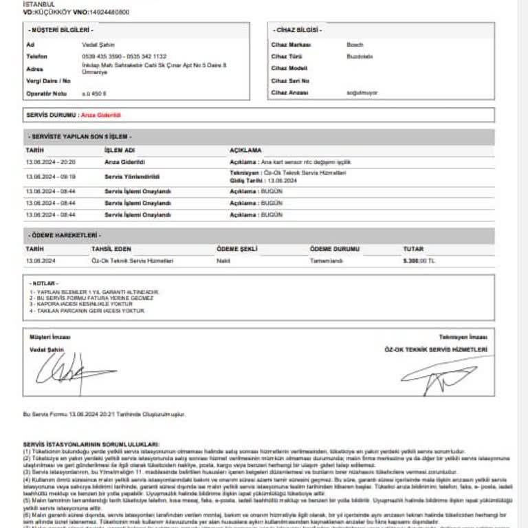 Bosch Servis Tadilat Sonrası Kontrol İçin Gelmiyorlar
