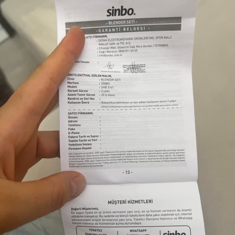 Sinbo Blender Seti Seri Numarası Yazmıyor