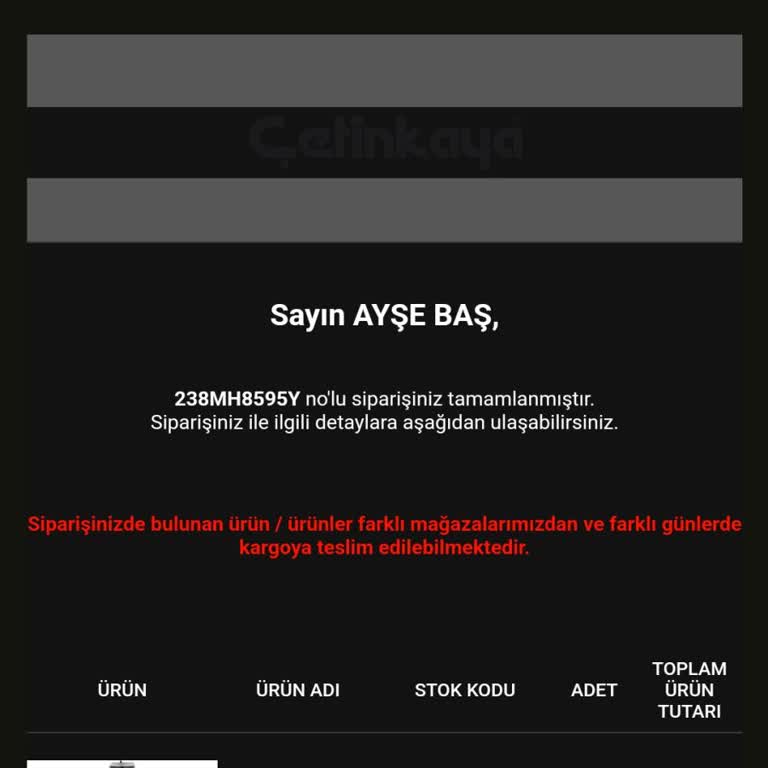 Çetinkaya Mağazası Gelmeyen Ürün