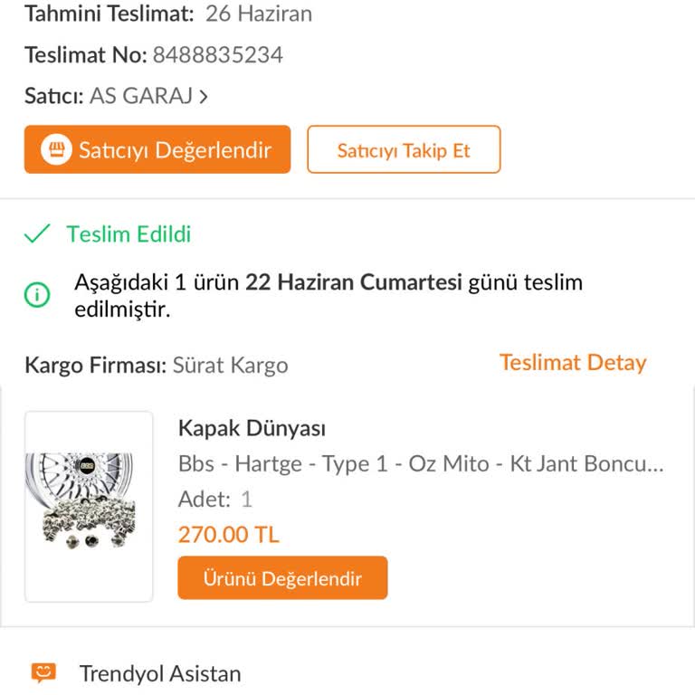 Trendyol'dan Yapılan Alışveriş As Garaj Dikkat