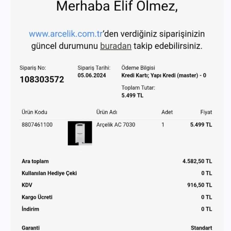 Arçelik Ac 7030 Ürünüm Gelmedi