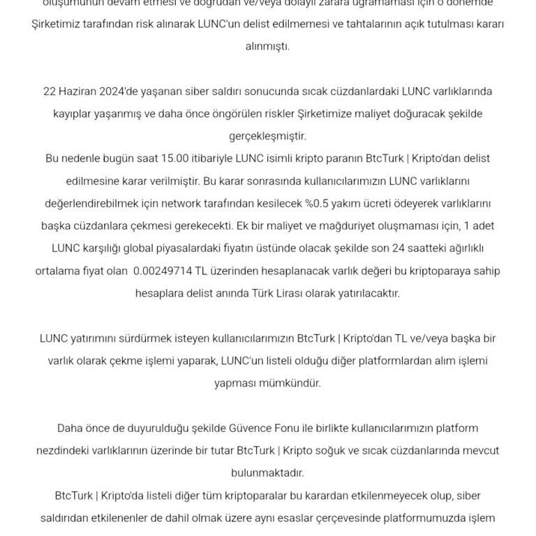 BTCTURK Haber Verilmeden Delist Edilen Lunac