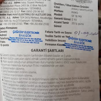 Raks Vantilatör Arızası Ve Eksik Parça Gönderilmesi.