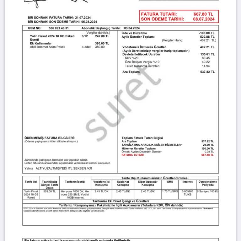Vodafone Fatura Aşım Hatası