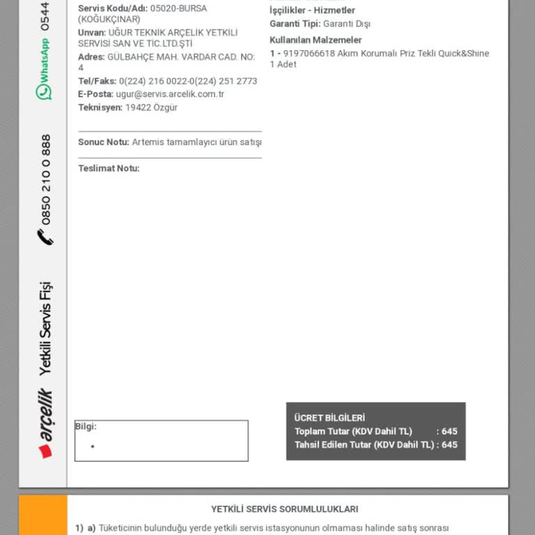 Arçelik Bursa Koğukçınar Yetkili Servisi Müşteriyi Yanıltıyor