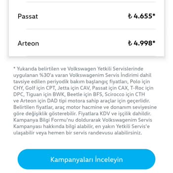 Volkswagen Periyodik Bakım Servis Ücreti