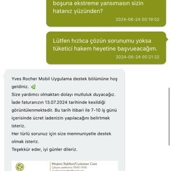 Yves Rocher Ücret İademi Yapmıyor!