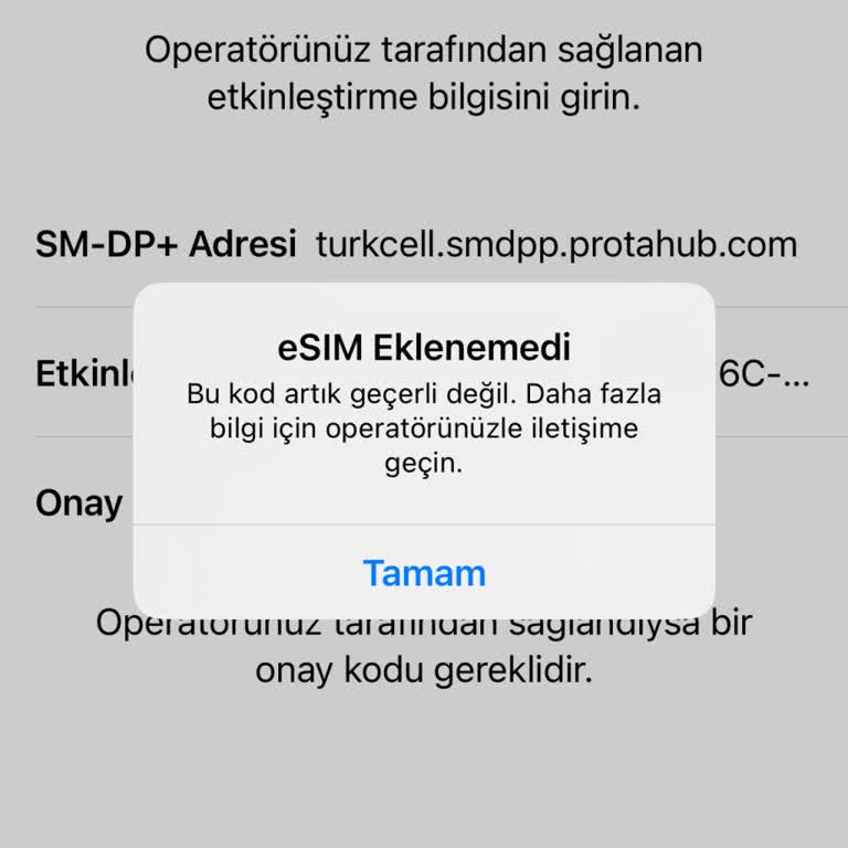 Turkcell Esim Sorunu, Kod Geçersiz Uyarısı