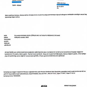 Monster Abra A5 V13.4 Batarya Şişmesinden Kaynaklı Kırık Arka Kapak