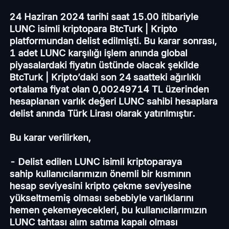 BTCTURK Lunc Satışı Ve Zarar
