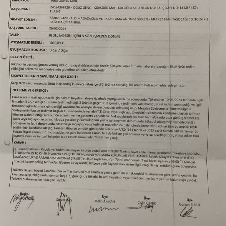 FLO Ayakkabı Tüketici Hakem Heyeti Kararı İle Tarafıma Para İadesi Yapılması