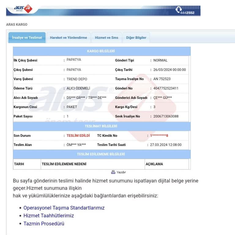 Aras Kargo Desi Belgesi Vermiyor