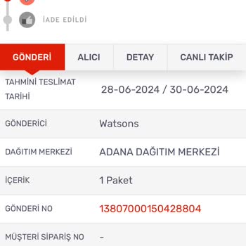 Watsons Kargo Bana Gelmeden İade Sürecinde Gözüküyor...