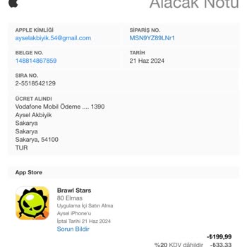 Vodafone'un Apple Story İade Talebini Faturaya Yansıtması Sorunu HKK.