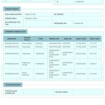 PTT Kargo Çerkezköy DTM PTT, Kargo Elime Ulaşmadan Kabul Edilmedi Bilgisi Var