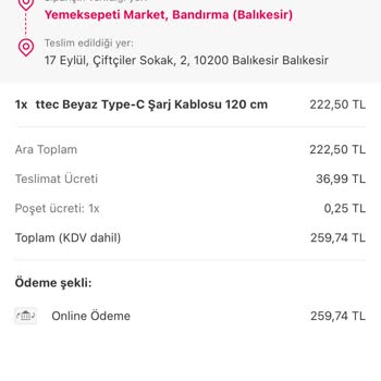 Yemeksepeti Şarj Kablosu Bozuk