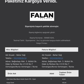 Falan Eyewear Ellerinde Olmayan Gözlüğün Kargoya Verilmesi