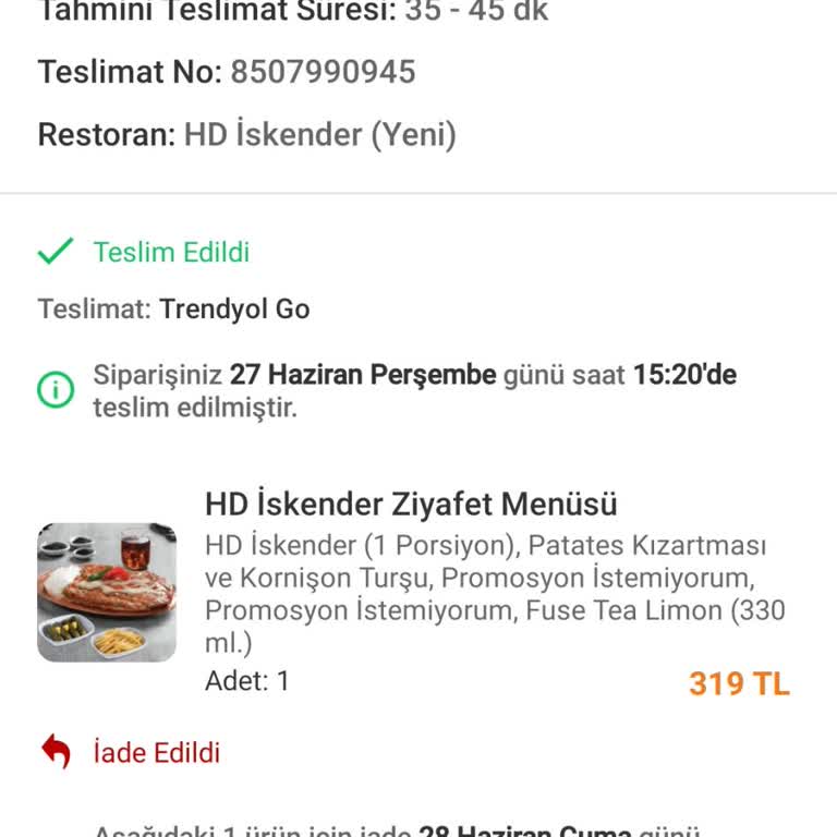 HD İskender Trendyol GO Da Eksik Ürün Gönderimi