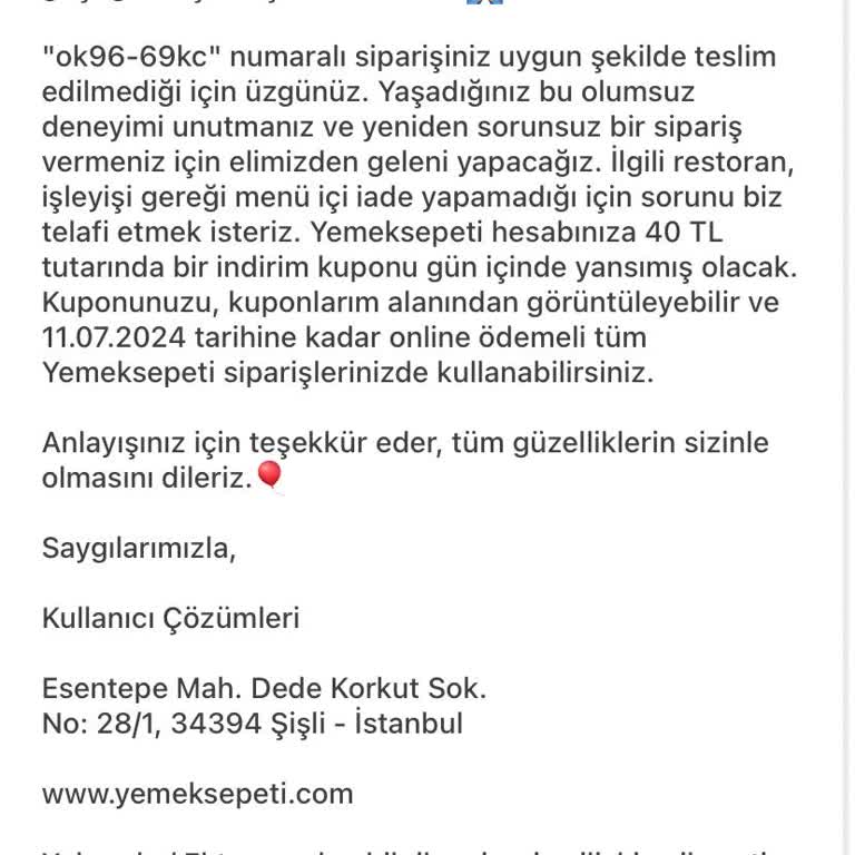 Yemek Sepeti Eksik Sipariş Sorunu