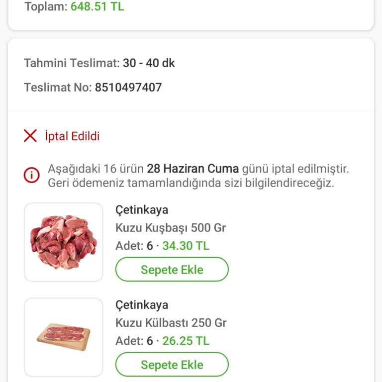 Trendyol Çetinkaya Market Haksız Satış İptali