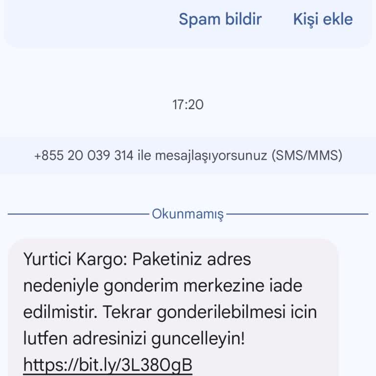 Kargo İsmiyle +855 20 039 314 Numaradan Şüpheli Mesaj