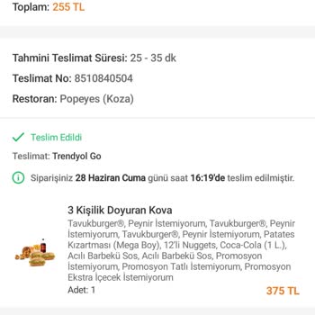 Trendyol Üzerinden Popeyes Firmasından Verdiğim Sipariş Hk.
