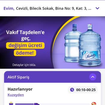 Getir Uygulaması/kuzeyden Su 6 Saat Gecikmeli Teslimat Kartal Cevizli