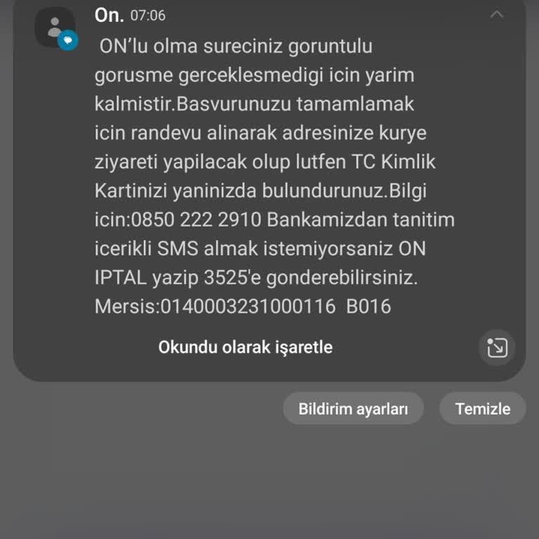 On Dijital Bankacılık On Bankacılık Başvuru İptali