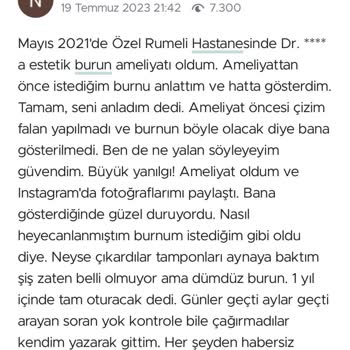 Rumeli Hastanesi Burun Estetiği Beceriksizliği