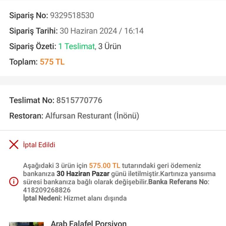 Trendyol Siparişiniz Yola Çıktı Bildiriminden Sonra İptal Edilen Yemek Siparişi