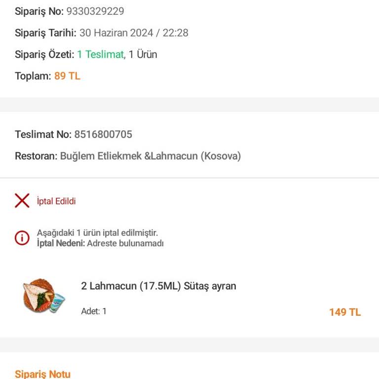 Trendyol Yemek Trendyol GO Yemek Siparişim İptal Edildi