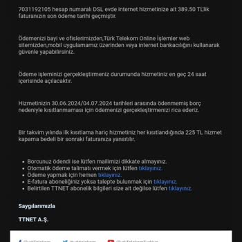 Türk Telekom İnternet Faturamı Ödedim, Ödenmedi Diye Mail Geldi