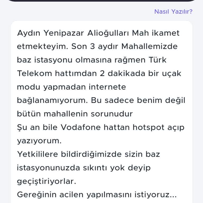 Bütün Mahalle Türk Telekom Hattından Şikayetçiyiz.
