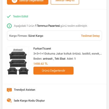 Koltuk Örtülerim Sürat Kargo'dan Şikayetçiyim Güvenilir Değil