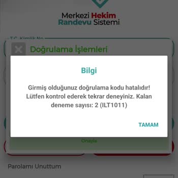 MHRS Uygulaması Doğrulama Kodu Hatası